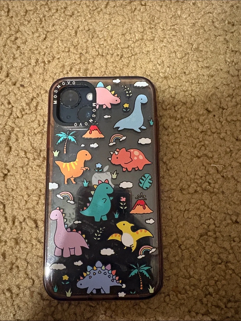 Brown Clear Phone Case with Multicolor Dinosaur Print + additional airpods case